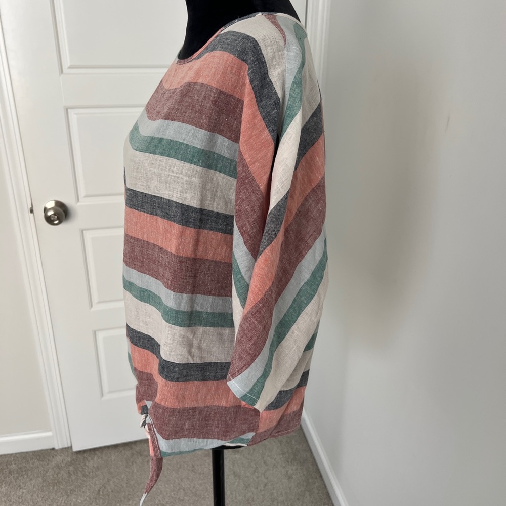 Striped Coastal Luxury Elbow Sleeve Tie Front Linen Cotton Blend Blouse Size XS - Picture 5 of 11